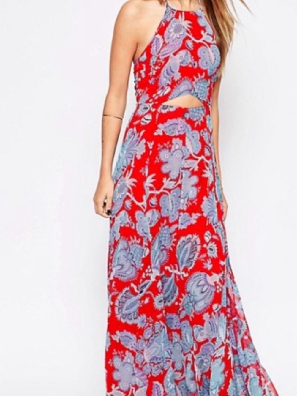 ASOS Red Maxi Dress with Blue Floral Print and Halter Neck